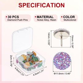 PATIKIL 30Pcs Diamond Push Pins, Glitter Rhinestone Decorative Thumb Tacks Shiny Push Pins for Cork Board Bulletin Board Photo Memo Wall Hangings, Multicolored