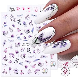 Flower Nail Art Stickers, Flower Pink Purple Cherry Blossoms Nail Art Decals Supplies 6Sheets 3D Floral Leaf Nail Design Stickers for Acrylic Nails Manicure Decor Tips DIY Nail Art Decorations