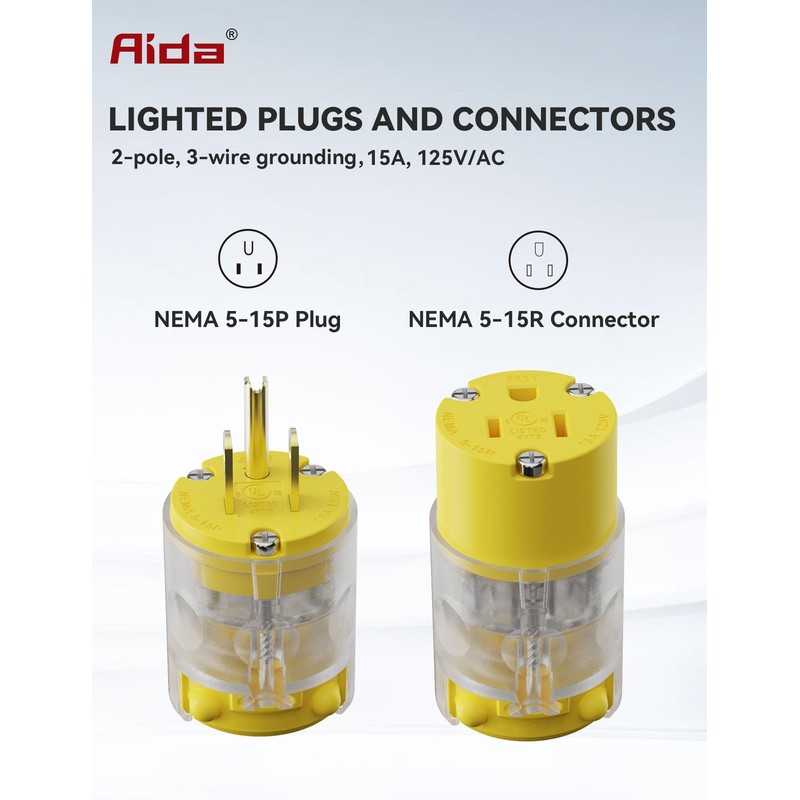 AIDA Lighted Plug and Connector Set, Straight Blade Cord End