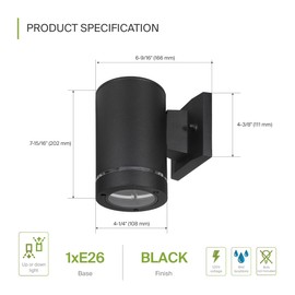 ASD 1-Way Round Cylinder Wall Light Fixture | 60W E26 Bulb Socket 120V | Dimmable, Waterproof, Transparent Ringed, ETL Listed | Exterior Patio Lighting Sconce, Outdoor Porch Lamp | Black