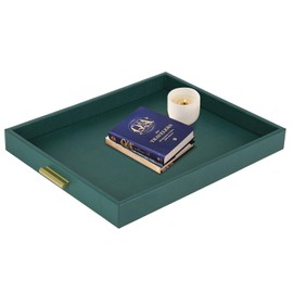 HofferRuffer Extra Large Serving Tray with Handles, Elegant Faux Leather Storage Decorative Tray for Coffee Table, Ottoman, Console Table (Green Tray+Golden Handle)
