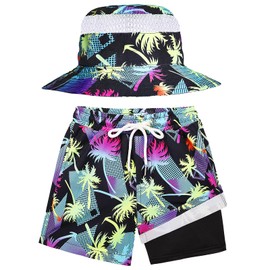 Boys Swim Trunks with Sun Hat Compression Liner Swim Shorts Quick Dry Beach Short Breathable Bucket Hat Set for 3-14 Years
