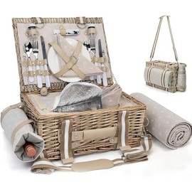 19Pcs Picnic Basket for 2 with Insulated Liner and Waterproof Picnic Blanket Wine Pouch, Large Wicker Picnic Hamper for Camping,Outdoor,Valentine Christmas for Couples