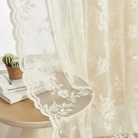 SEEKRIGHT Ivory Lace Curtains 63 Inch Length 2 Panels Victorian Floral Sheer Curtains for Living Room Bedroom Rod Pocket Light Filtering Cream French Window Curtains, 52x63
