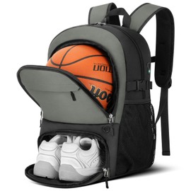 OCKLILY Basketball Backpack - Large Basketball Equipment Bag with Ball Holder & Shoe Compartment, Sport Bags for Basketball, Soccer, Volleyball, Gym, School and Travel, Grey