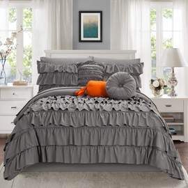 Elegant Comfort 10-Piece Bed-in-a-Bag, Multi-Ruffle Comforter Set, Includes Bed Sheet with Double Sided Storage Pockets & Decorative Pillows, Multi-Ruffle Comforter, Twin XL, Gray