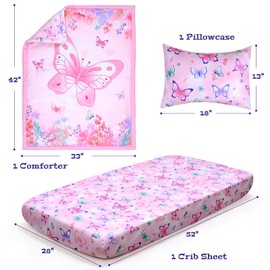 JISEN 3 Piece Crib Bedding Set Soft Baby Butterfly Crib Comforter Set with Comforter, Sheet, Pillowcase - Nursery Bedding for Boys or Girls Pink
