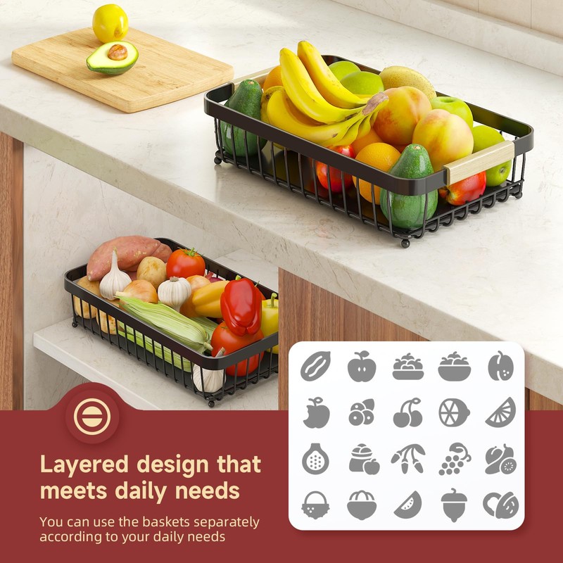Sevenblue 2 Tier Large Fruit Basket for Kitchen Counter with
