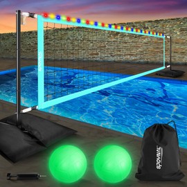 SPOYNAL Pool Volleyball Net Set for Inground Pools – Adjustable Length 15ft to 32ft Outdoor Water Volleyball, Portable Volleyball Net with 4 Sandbags, LED Lights & 2 Glow in The Dark Volleyballs