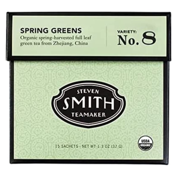 Smith Teamaker | Spring Greens No. 8 | Organic Mao Feng | Caffeinated Full Leaf Green Tea | Sugar-Free, Non-GMO, Plant Based (15 Sachets, 1.3oz each)