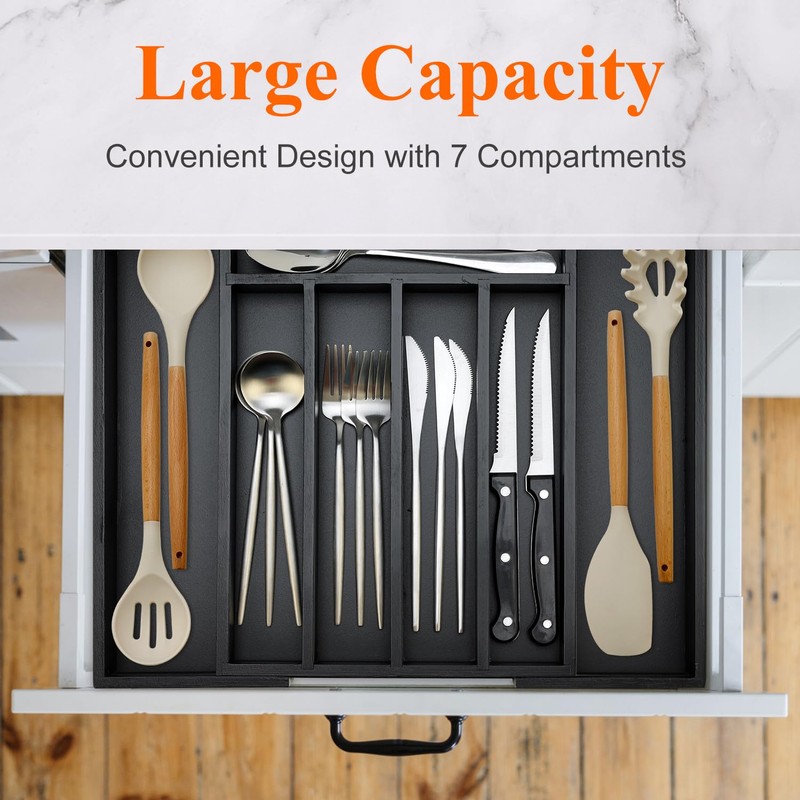 Bamboo Kitchen Drawer Organizer Tray Black Expandable Spoon Silverware Organizer