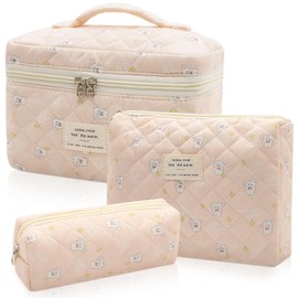 3pc Makeup Bag Set, Quilted Makeup Bag Set, Large Floral Cosmetic Bag for Women, Cute Cotton Makeup Bags, Flower Travel Toiletry Organizer Bag (Star White Rabbit)