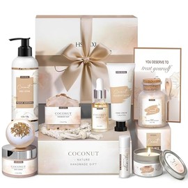 Regalos para mujeres, cesta de regalo de baño y cuerpo para mujeres, set de 12 piezas de spa casero de coco para el cuidado personal, juegos de baño r