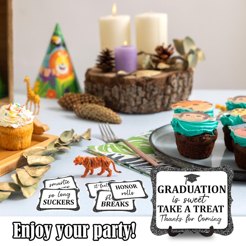 20PCS Candy Buffet Labels, 1 Black Glitter Graduation Table Sign