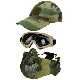 Hodeacc 3 Pcs Tactical Half Face Mesh Mask Set, Adjustable Airsoft Goggles with Ear Protection, Eye Protection Outdoor Hat for Outdoor Games