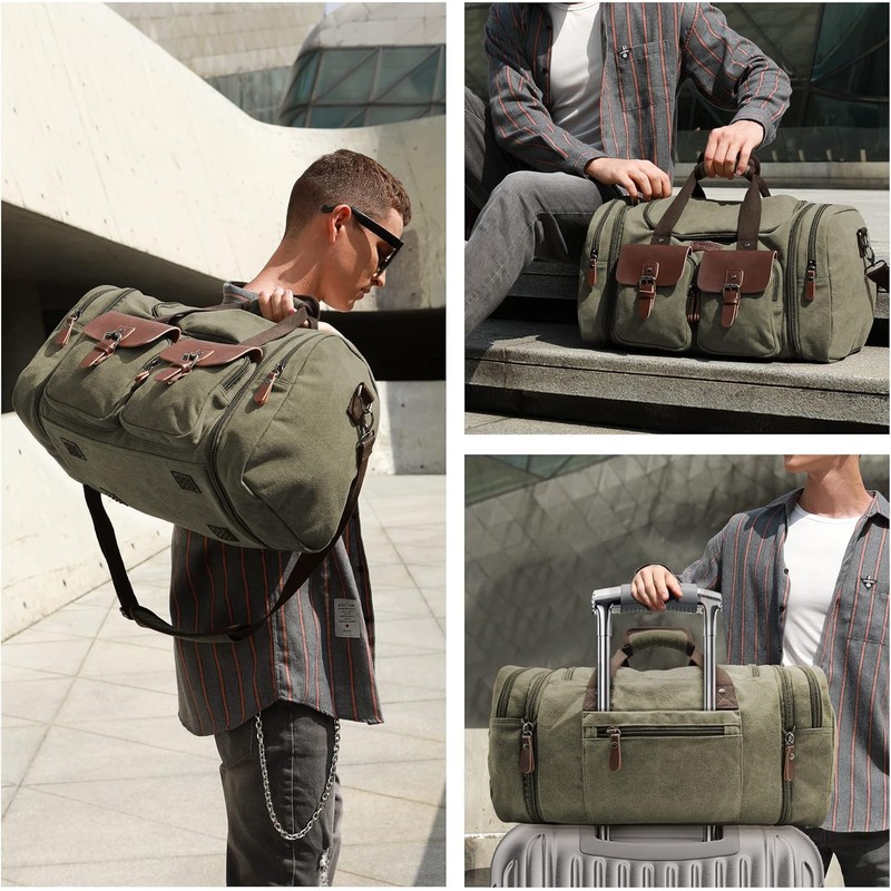 Wildroad 60L Travel Duffel Bag, Expandable Canvas Genuine Leather Duffle