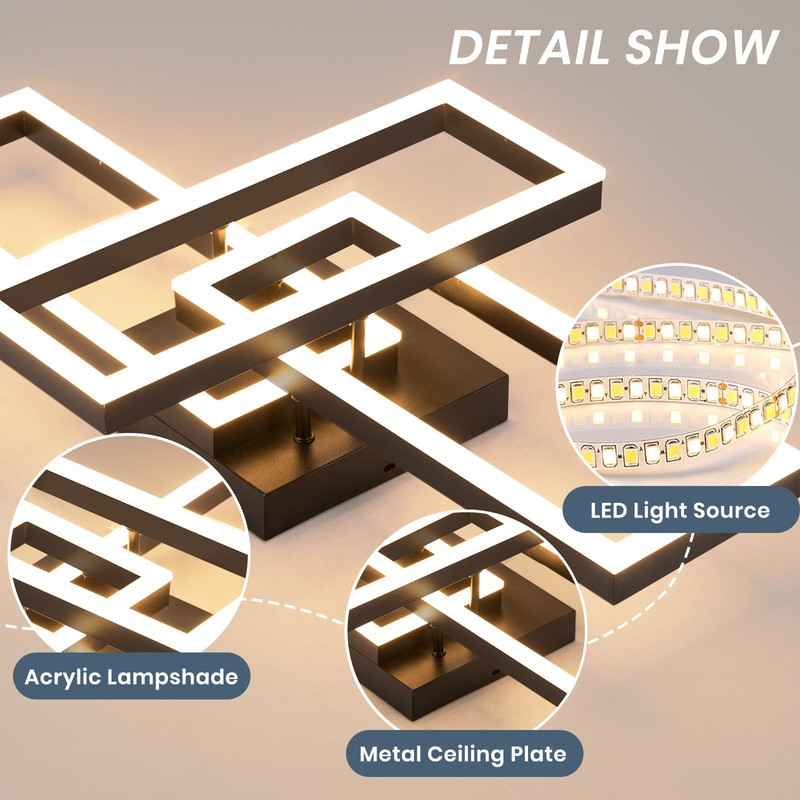 EIDISUNY Modern Led Ceiling Light Fixtures, Black Flush Mount 3-Square