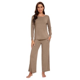 WiWi Long Sleeve Pajamas for Women Bamboo Viscose Lounge Sets Loungewear with Side Slit Pants Soft Pjs Set S-XXL, Camel, Large