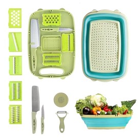 Generic 9-in-1 cutting board, Collapsible Cutting Board, Multifunctional chopping board, Collapsible Chopping Board with Colander, Vegetable washing drainer, kitchen., Medium, Green