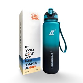 Herculine Water Bottle 1 Litre/35oz with BPA Free Tritan Plastic, Silicon Straw and Sipper, Durable Leak Proof, Carry Loop and Strap. Ideal for Fitness, Yoga, Daily Hydration, Outdoor Activities