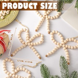 12 Pcs Bow Christmas Tree Ornaments Wooden Beads Bows Vintage Wood Beaded Bow Ornaments Boho Farmhouse Christmas Tree Hanging Decor for Rustic Wreaths Garland Home Decor