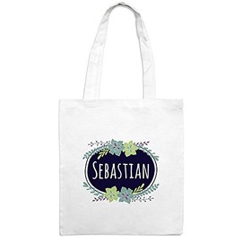 Jute Bag with Name Sebastian - Flowers Motif - White - Fabric Bag, Jute Bag, Hipster Bag, White