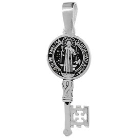 Sterling Silver Saint Benedict Medal Key Medal Handmade 1 1/16 inch (27mm) Tall
