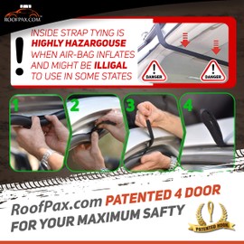 RoofPax 6 Rooftop Cargo Tie Down Hook Straps for Strapping Down Any Car Top Luggage NO More Straps Inside Your CAR, 100% Waterproof, Attaches to Car Door Frame, Patent Registered