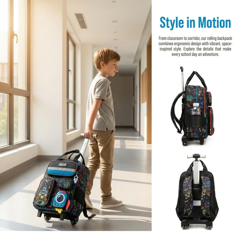 Egchescebo Kids Rolling Backpack for Boys Space Shuttle Luggage with