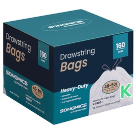 SONGMICS Trash Bags for 13-Gallon (50 L) Trash Cans, Drawstring Kitchen Garbage Bags, Pre-Separated, Quick-Dispense Box, Liner Code K, 4 Rolls, 160 Count, White UKRB051A04