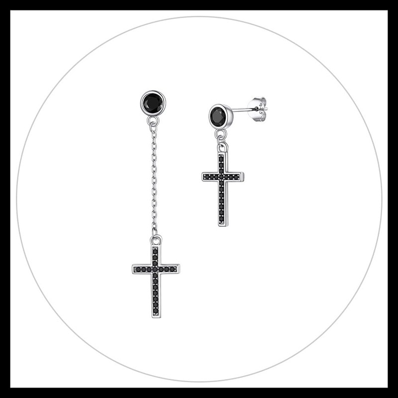 PROSILVER Asymmetric 925 Silver Cross Stud Earrings with Cubic Zirconia,