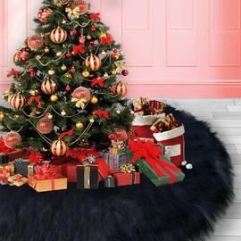 60 Inch Faux Fur Christmas Tree Skirt,Fall Blessings Xmas Tree Mat for Artificial Trees, Christmas Black Tree Skirt Mat for Farmhouse Decor New Year Tree Skirt