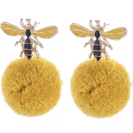 Mustard Pom Pom Earrings Bee Stud Earrings for Women Girls jewelry animal