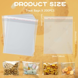 Cidenbio 200 Pcs Clear Cellophane Treat Bags 7x10, 2.8 Mils Self Sealing Bread Bags, Cellophane Wrap for Gift Baskets, Plastic Resealable Cello Bag for Party Favors, Snack, Bakery Packaging, Goodie