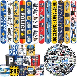 Lcnjscgo 74PCS Police Party Favors 24PCS Police Slap Bracelets 50PCS Police Stickers Police Cars Stickers for Police Party Decorations Kids Gifts Classroom Rewards Prizes