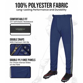 Exxact Sports Proline Full Length Baseball Pants Youth & Adult with Stripes, Relaxed Fit Open Bottom Men/Boys Baseball Pants (Navy/Vegas Gold, AS)