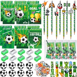 Cleboen 120PCS Football Party Bags Fillers for Kids with Soccer Pencils with Clip Notebooks Erasers Sharpeners Bookmarks Stickers Zip Bags Pinata Filler Kids Party Favours Supplies for Boys Girls