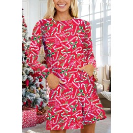 Xmas Dress Womens Christmas Candy Cane Dresses Funny Printed Long Sleeve Winter Outfits 2XL