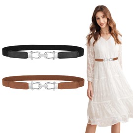 JASGOOD 2 Pack Women Skinny Elastic Belt for Dresses,Thin Retro Stretch Waist Belt with Silver Buckle,Black+Brown
