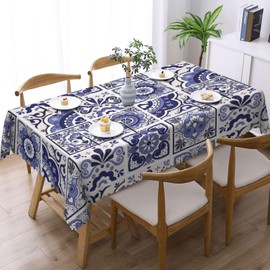 NEEZSEEZ Talavera Mexican Tiles Tablecloth Navy Blue Flowers Leaves Hearts and Swirls Table Cloth Rectangle Table Cover Kitchen Decorations for Home Dinner Party 54 x 72 Inch
