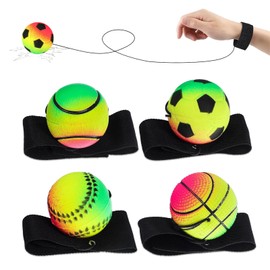 LEOINAER Pack of 4 Wrist Return Ball with String, Springball, Rubber Rebound Ball, Elastic Durable Ideal for Kids & Adults - Approx 6cm Diameter
