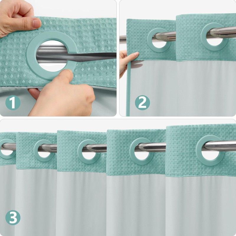 PILOTSHARK No Hook Waffle Weave Shower Curtain Set with Snap-in