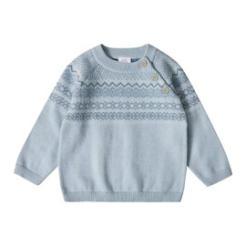 Stellou & friends 100% Cotton Knit Norwegian Jacquard Design Baby Toddler Boys Girls Long Sleeve Crew Neck Sweater with Shoulder Buttons (Blue, 3-4 Years)