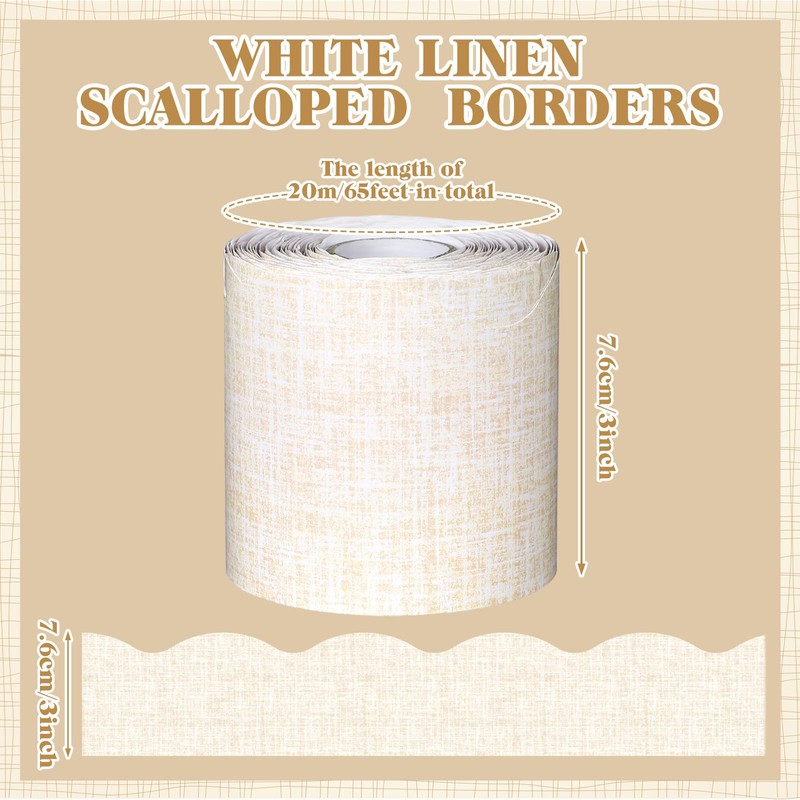 Fullhawl 65.6 Ft White Linen Bulletin Board Border, Classroom Scalloped