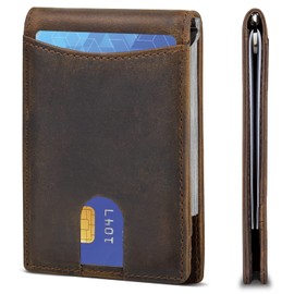 HRS Slim Wallets for Men, Genuine Leather Bifold Men's Wallet RFID Blocking Minimalist Front Pocket with Money Clip