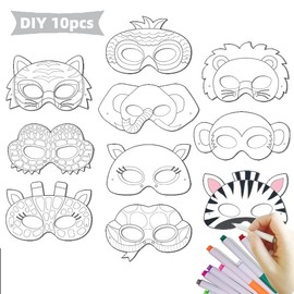 Levigo 10 Pcs Safari Animal Masks Jungle Paper Art Craft DIY Blank Paper Graffiti Masks Party Favors Safari Jungle Animal Theme Birthday Party Cosplay