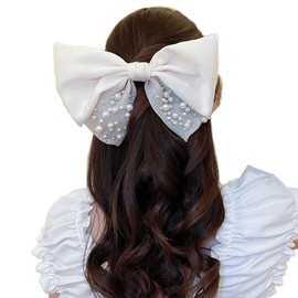 8 Inch Big Bow Hair Clips, Magnificent Pearl Large Bow Hair Slides, Bow Hair Barrette Metal Spring Clip (White)