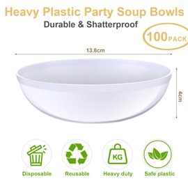 Newtay 100 Pcs Plastic Soup Bowls 14oz Disposable Heavyweight Rim Bowls Elegant Chip Heavy Duty for Birthday, Wedding, Christmas or Event (Pure White)