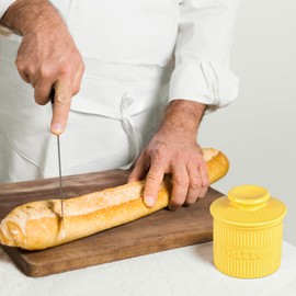Yellow French Butter Holder with Water Line for Table and Centerpieces, Porcelain Butter Pot, Striped Outside