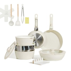 BECIGAR 21PCS Nonstick Ceramic Pots and Pans, Ceramic Cookware with Detachable Handle, RV Kitchen Cookware Set, Cookware Set Removable Handles, Oven Safe, Stackable Non Stick Ceramic Cookware Set